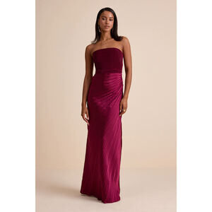 Lulus Nyrah Berry Red Satin Pleated Strapless Maxi Dress - Size XS